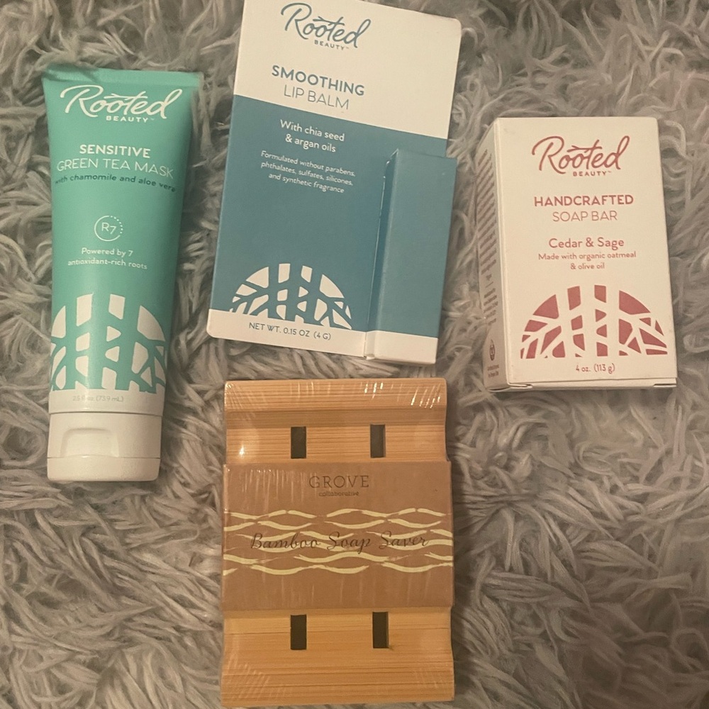 Grove Rooted Beauty - self care lot Sensitive Green Tea Mask and Lip Balm Set